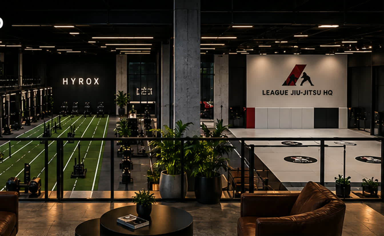 The Compound, seen from The Overlook, with the fitness floor on one side and the mats on the other